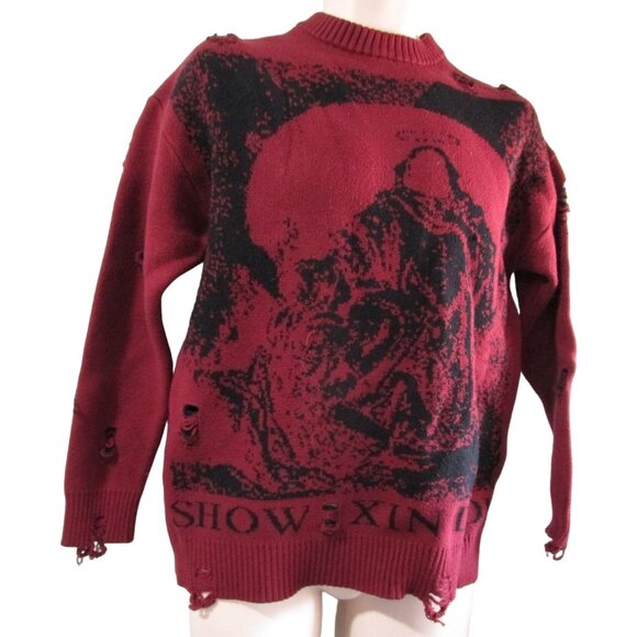 Distressed Salvation Priest Graphic Knit Tattered Thrashed Gothic Sweater EUC XL - Picture 1 of 16